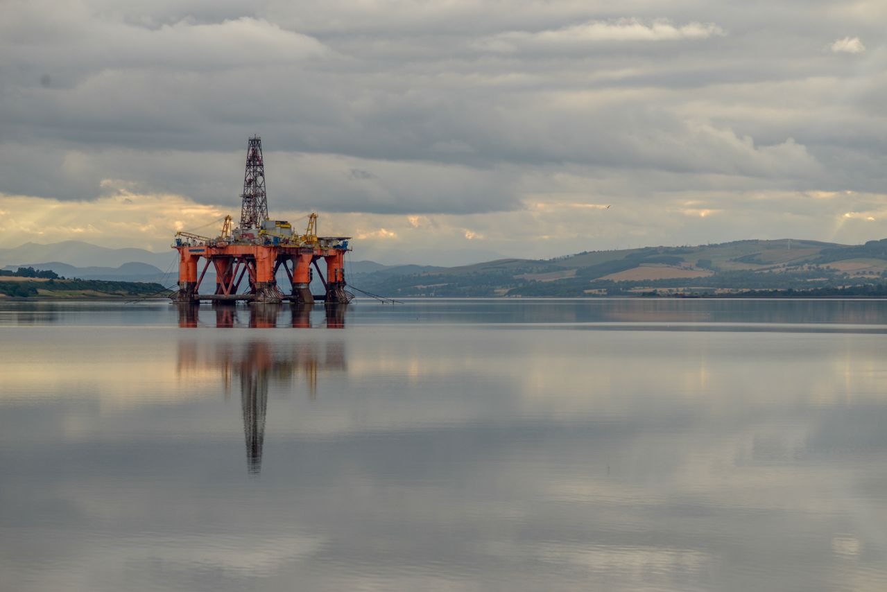 An oil rig in the North Sea in Scotland.
