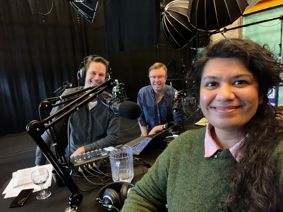 Image of Karsten Prinds, Scott Jones and Anuja Pradhan recording the podcast.