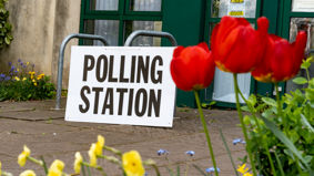 The exterior of a polling station with red tulips in the foreground, with a sign reading 'polling station'
