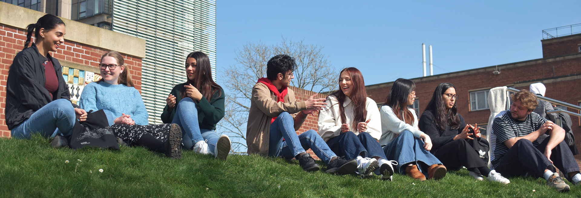 Students sat on grass bank talking