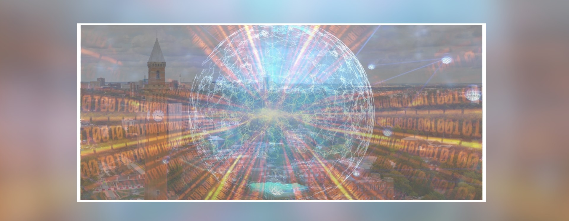 Image of the campus overlaid with blurred quantum coding.