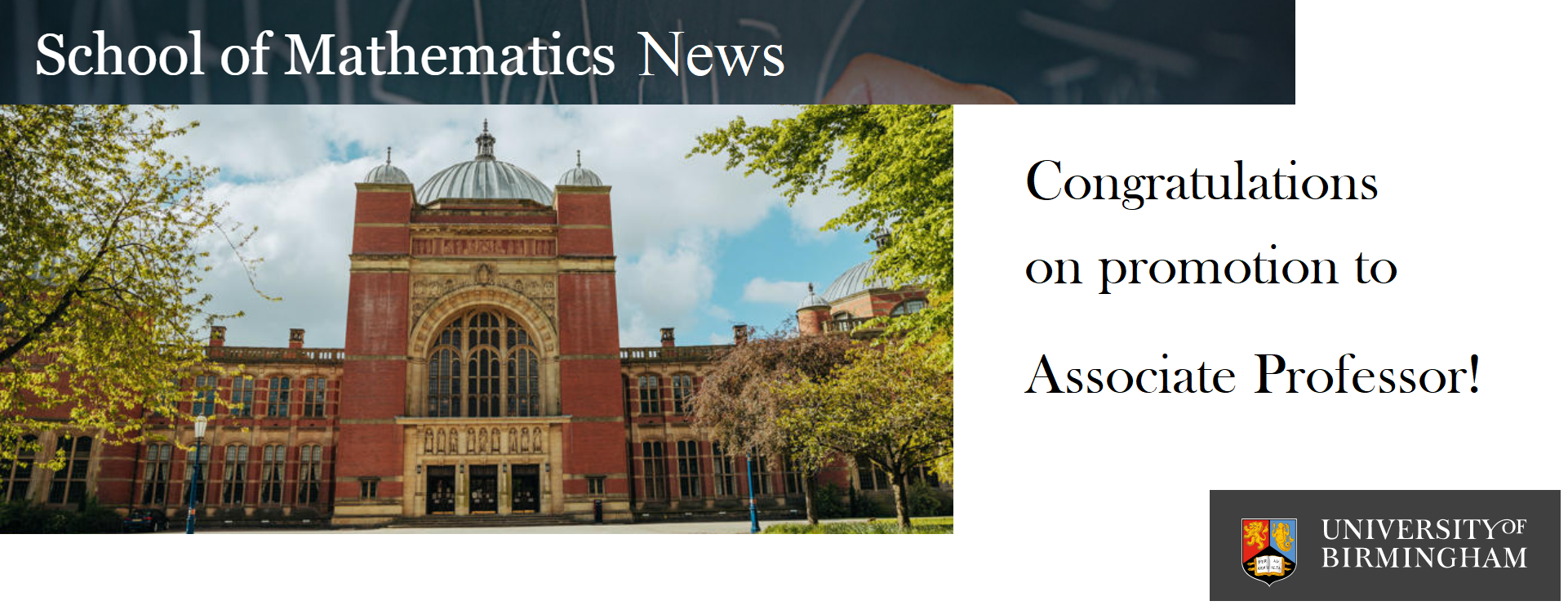 Picture of Aston Webb building with text "Congratulations on promotion to Assistant Professor!"
