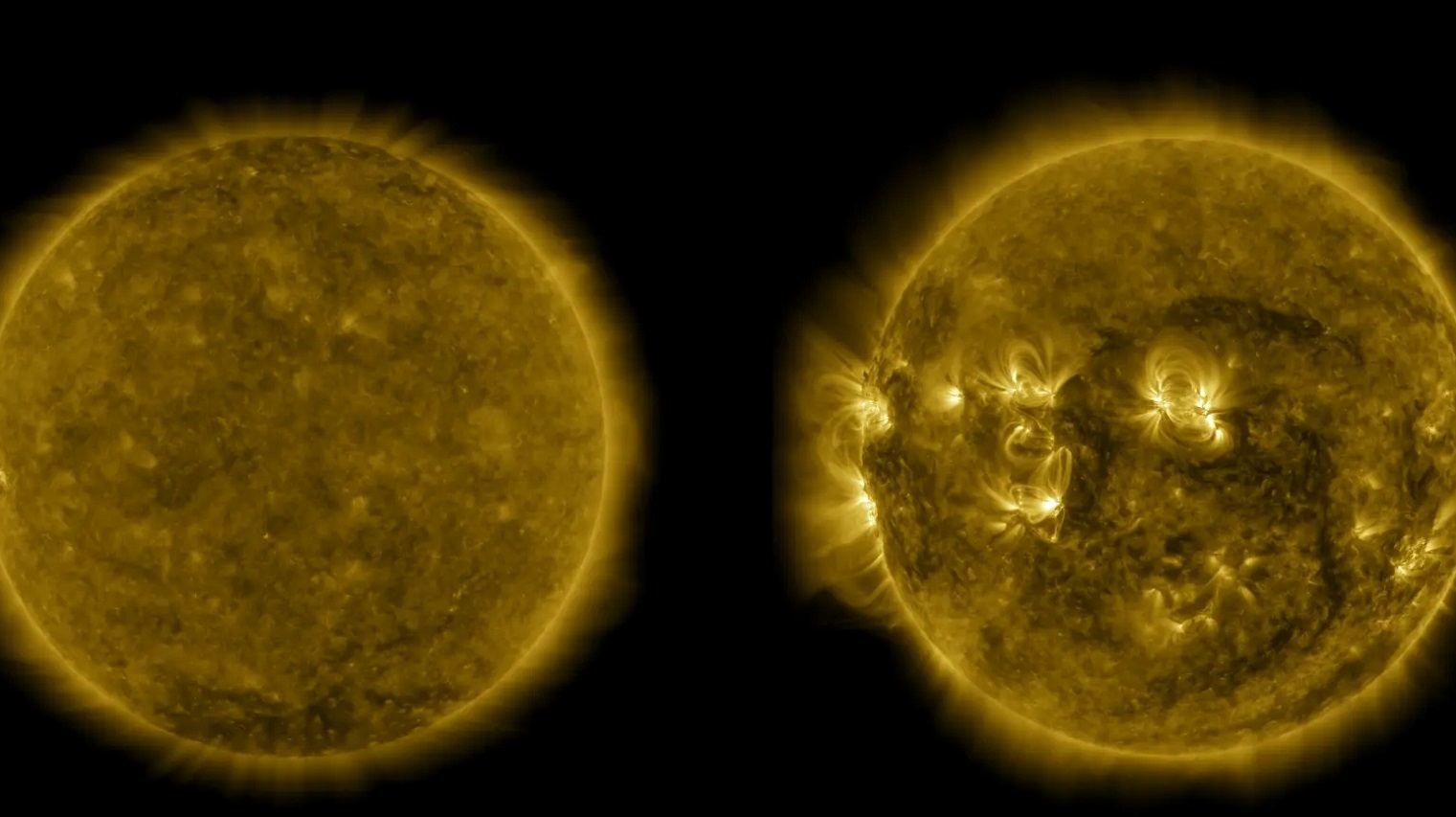 Two images of the sun - one with low solar activity, one with high