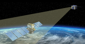 A graphical representation of of a satellite being scanned by radar