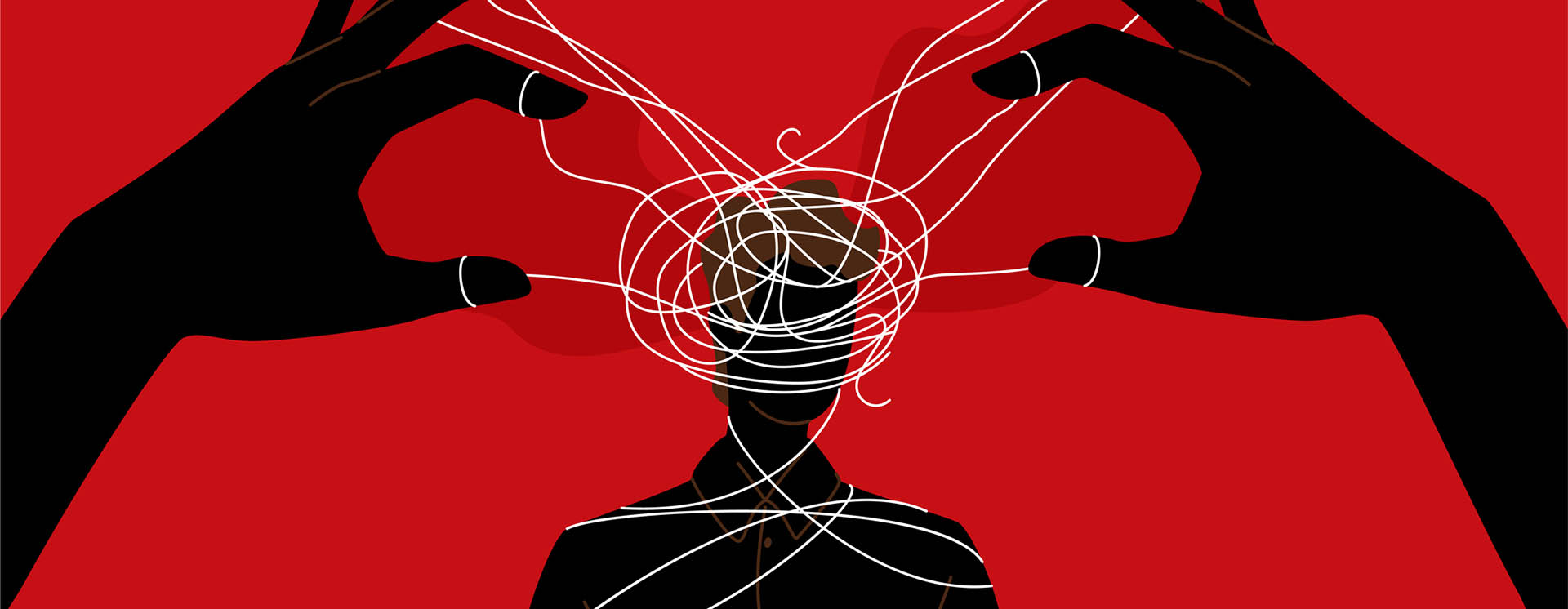 A concept vector illustration showing puppet master hands manipulating a mans mind
