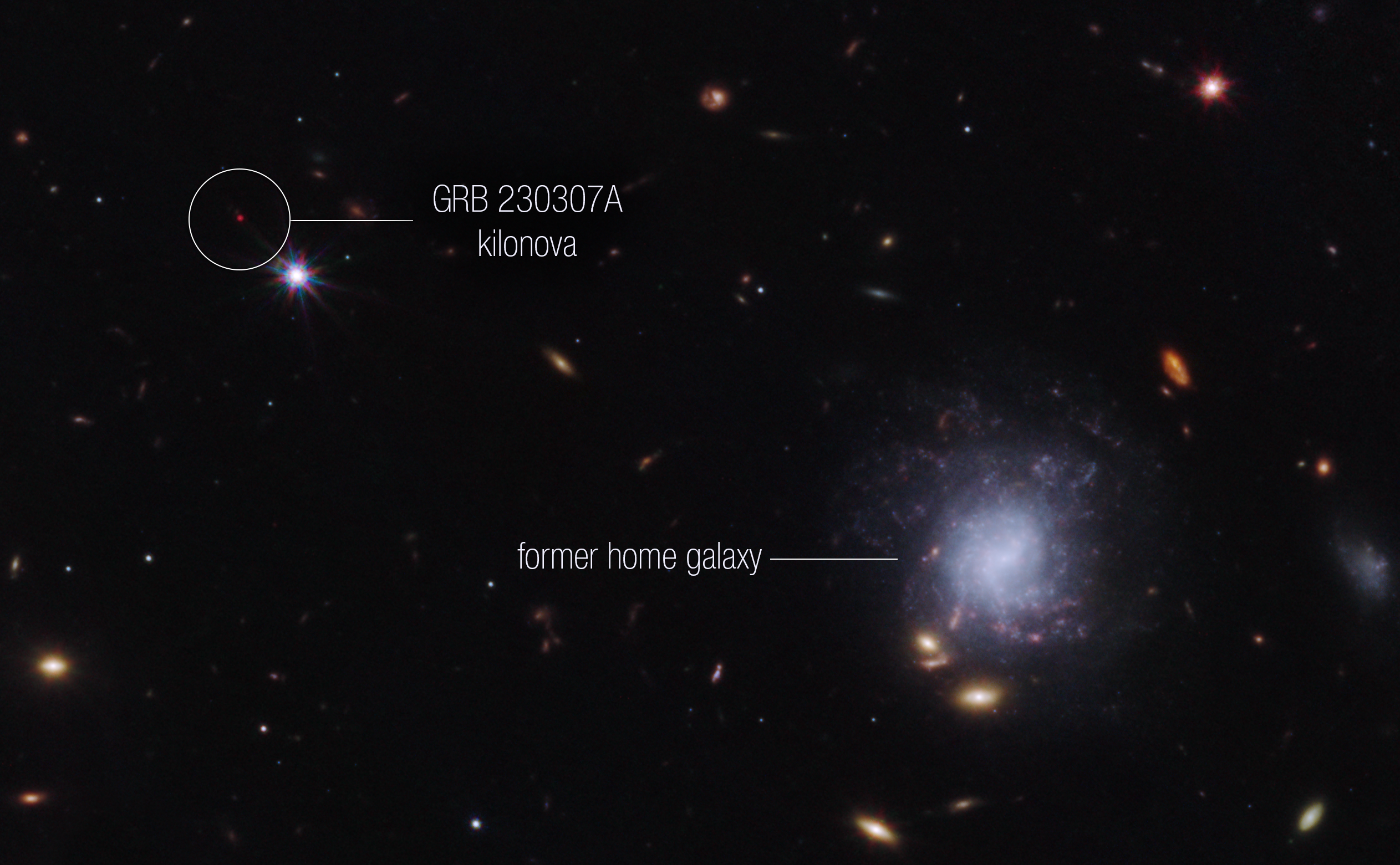 GRB 230307A’s kilonova and its former home galaxy among their local environment of other galaxies and foreground stars. 