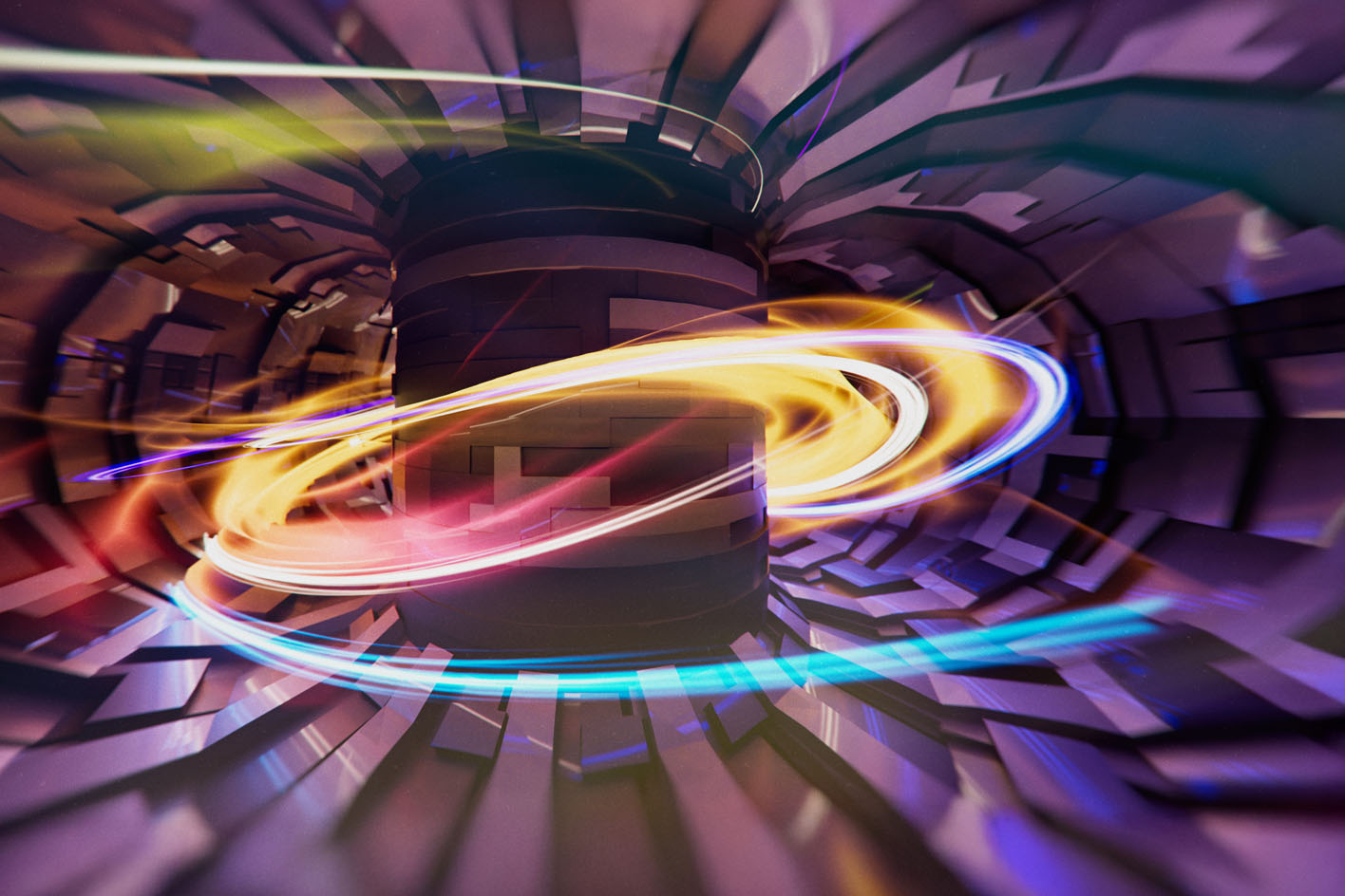 Illustration of an advanced modular reactor with streaks of coloured light spinning around a central core