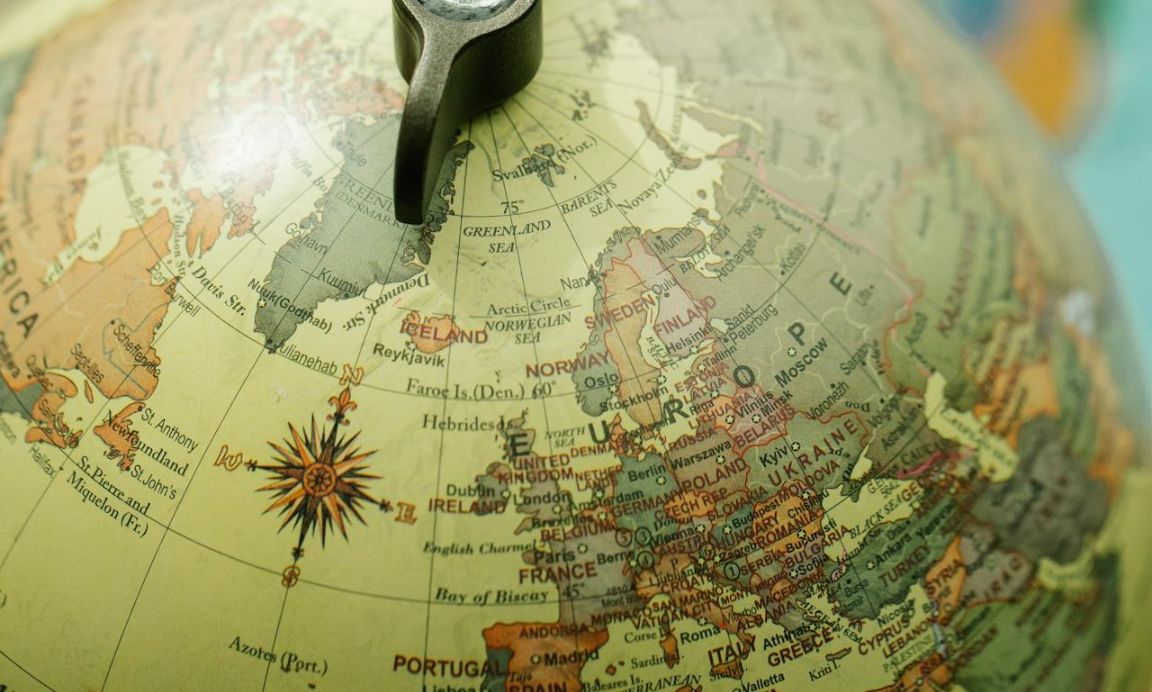 The UK and Europe on an old globe. 