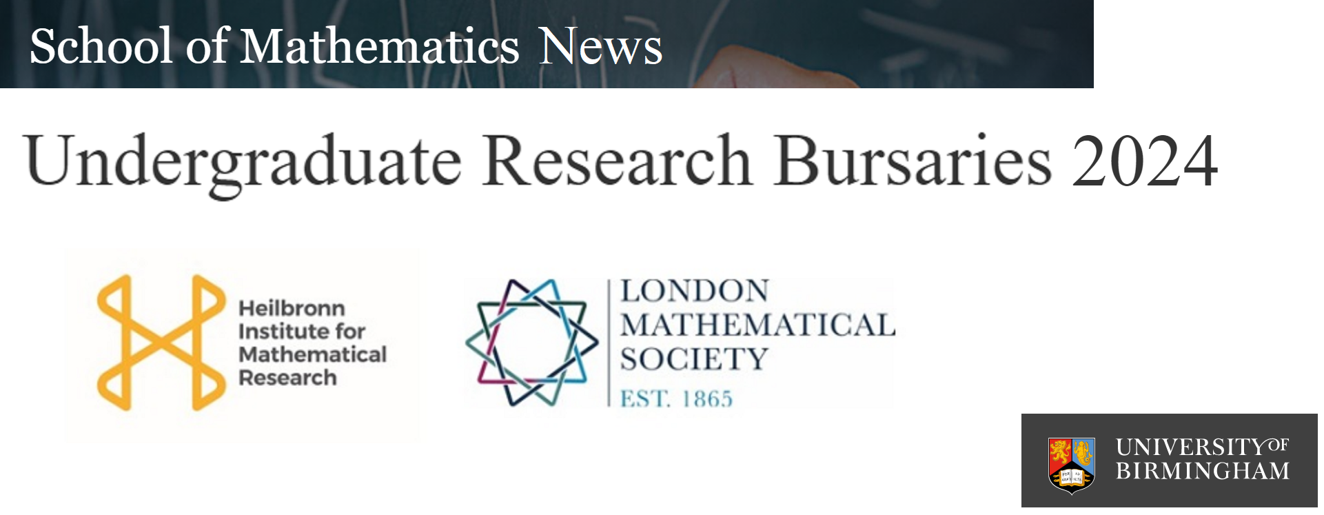 Undergraduate Research Bursaries 2024, with logos of London Mathematical Society and University of Birmingham