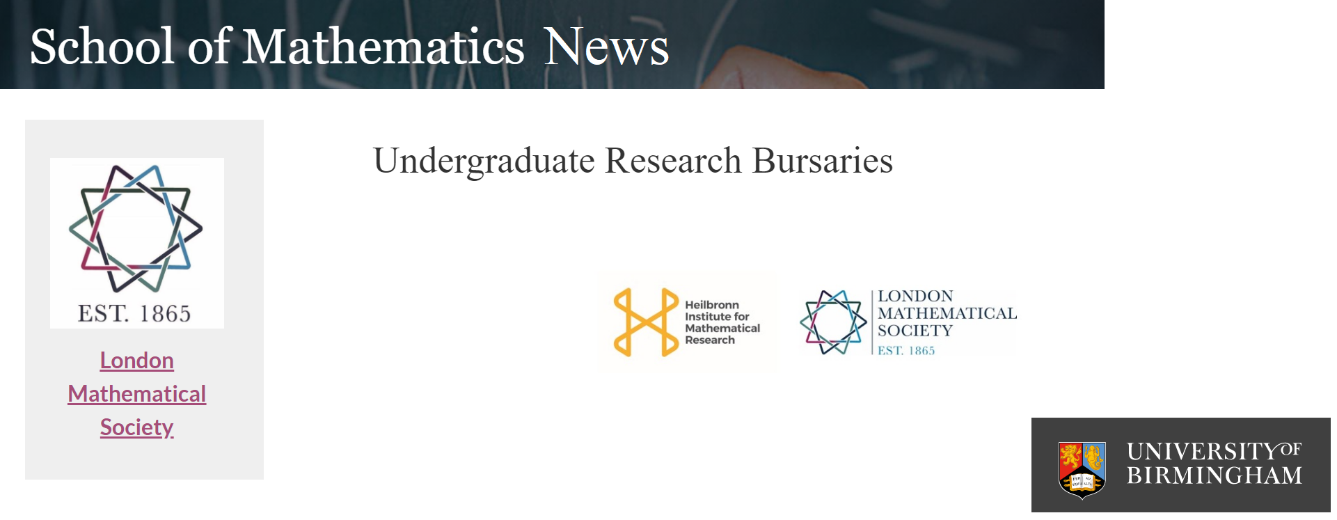 Undergraduate Research Bursaries, with logos of London Mathematical Society and University of Birmingham