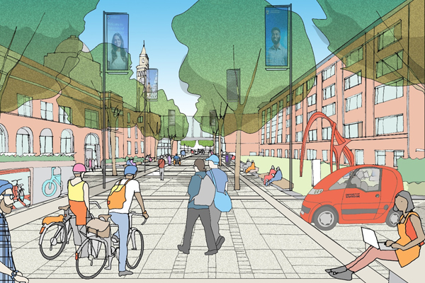 Conceptual illustration of a future development of University Road East on the Edgbaston campus