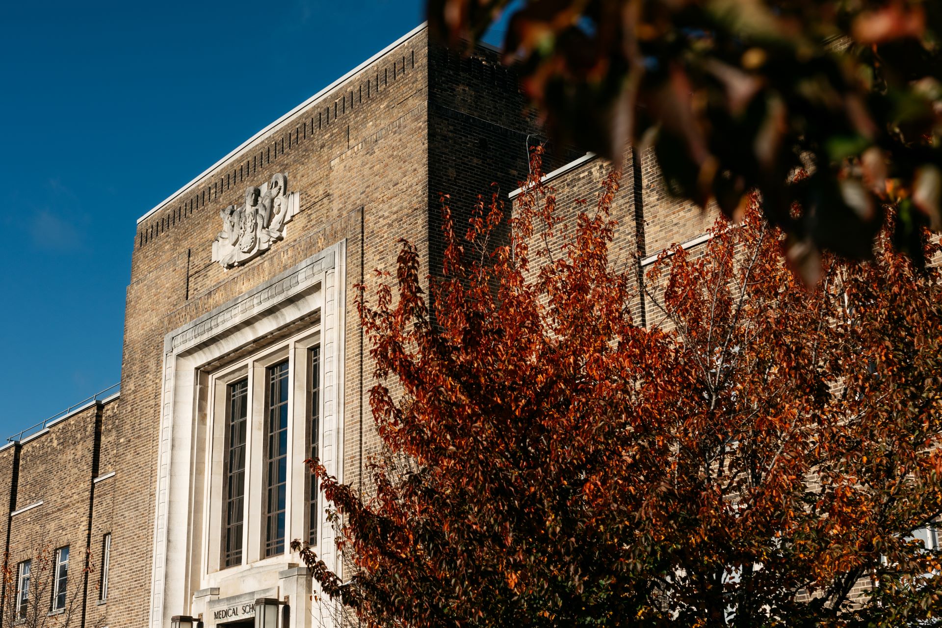 Medical school with blue skies and autumnal leaves