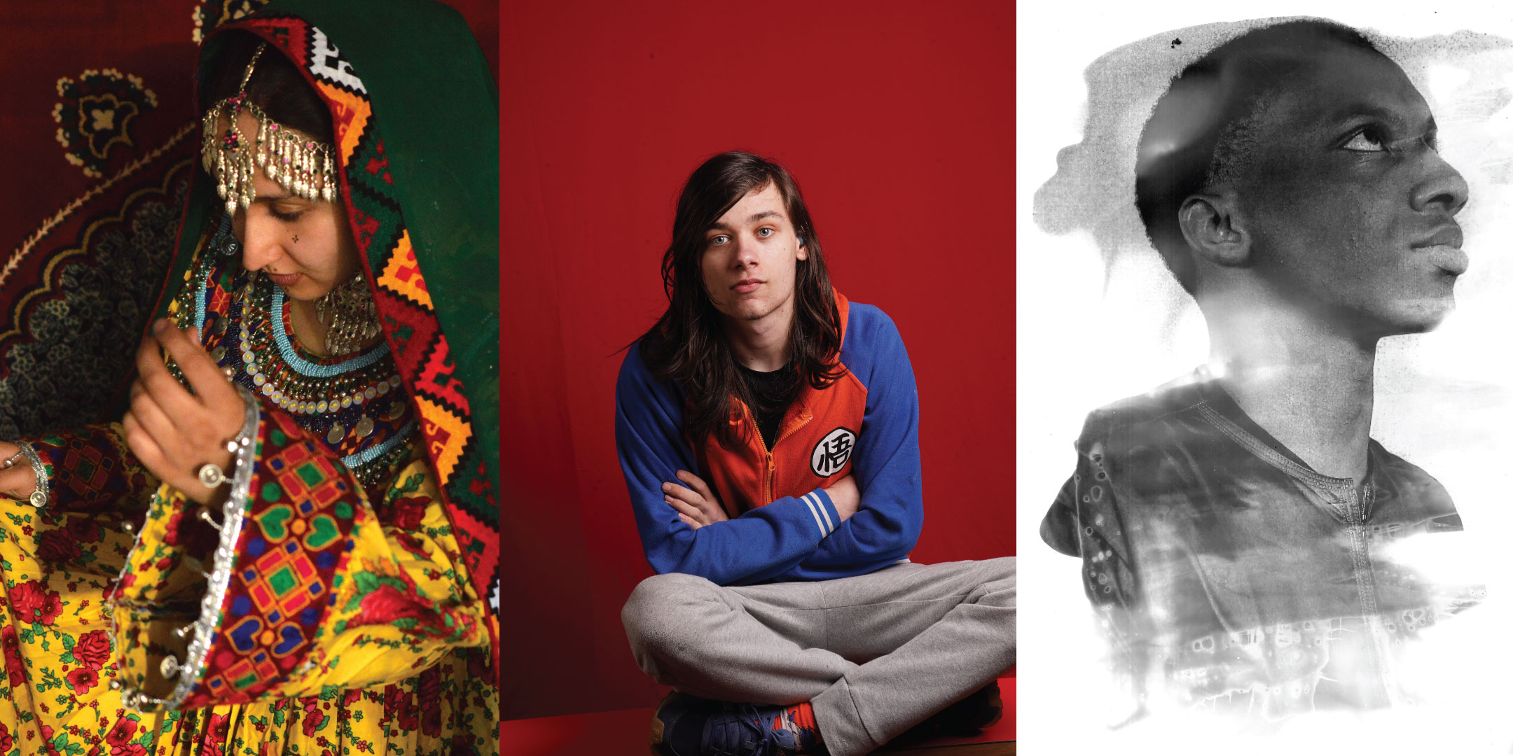 Three portraits: one in vibrant traditional clothing, one seated in a blue and orange jacket, and one in monochrome.