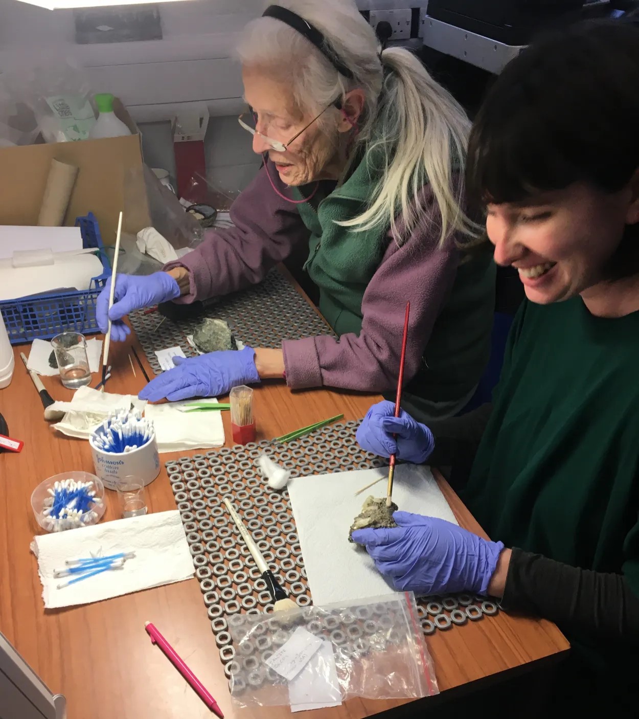 Two people wearing nitrile gloves clean museum minerals.