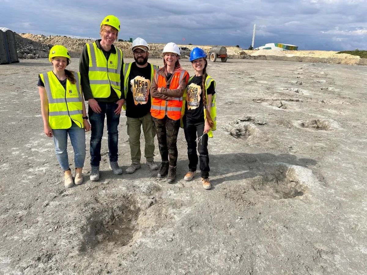 Five scientists stood on the dinosaur highway fossil site.