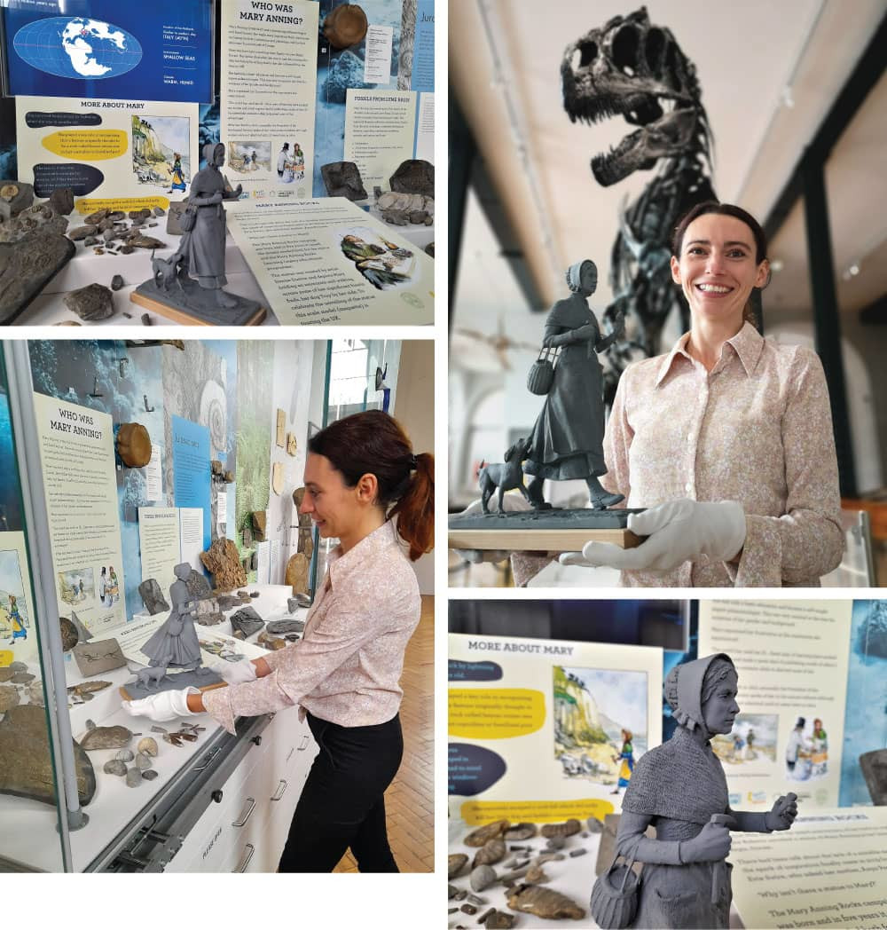 The Mary Anning Maquette has arrived at the Lapworth Museum of Geology. The photos show the installation and display being prepared by Aerona Moore.