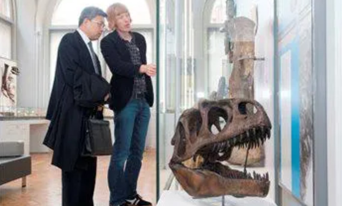 Richard Butler explains the Museum’s dinosaur fossils to Professor Gong Ke of Nankai University.