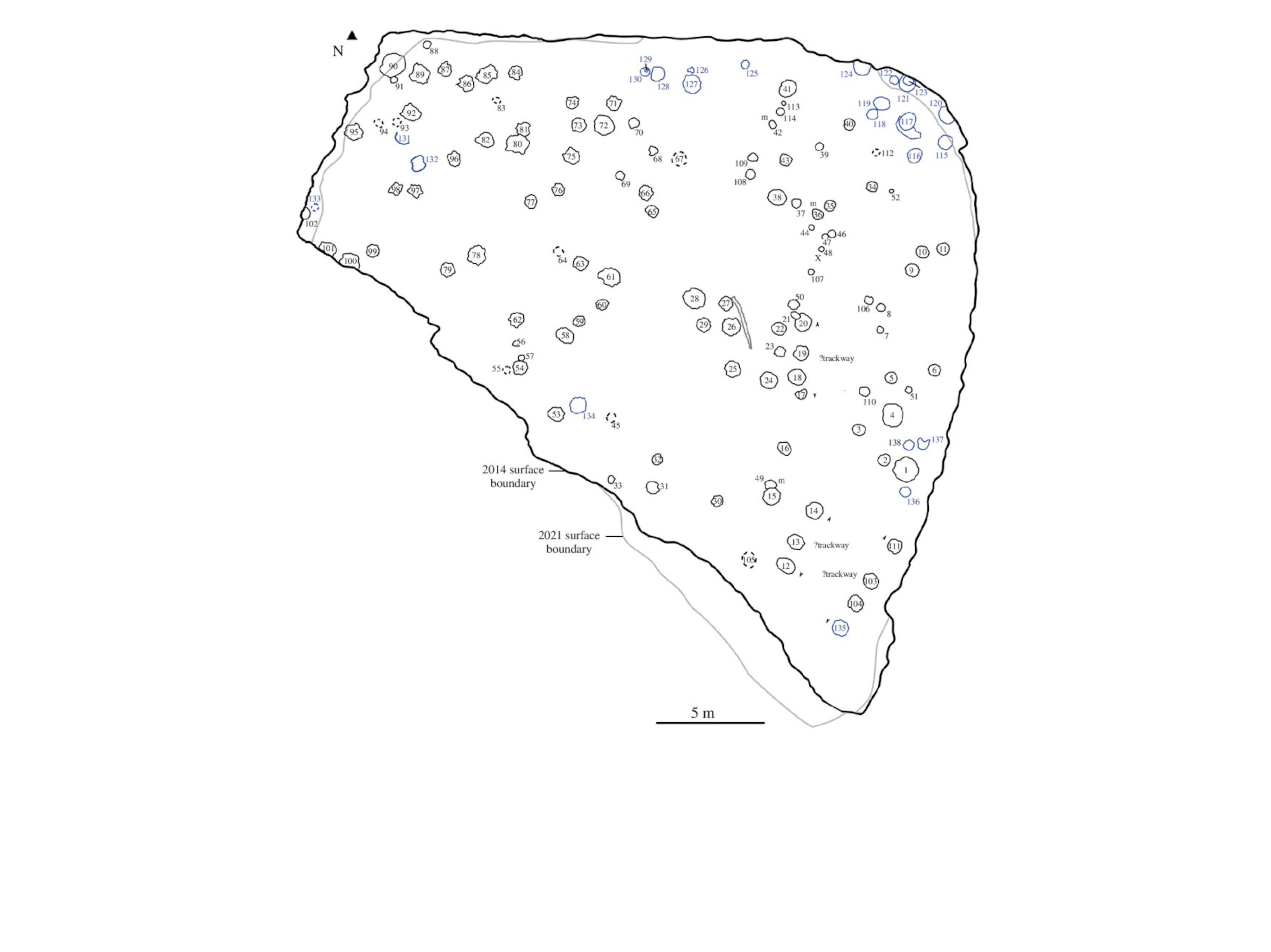 Line map of the Spyway dinosaur footprints showing track positions and change in the quarry surface.