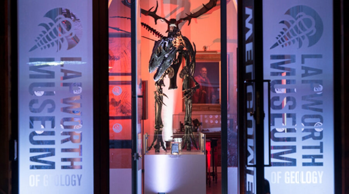 Roary the Allosaurus is visible through the main museum doors.