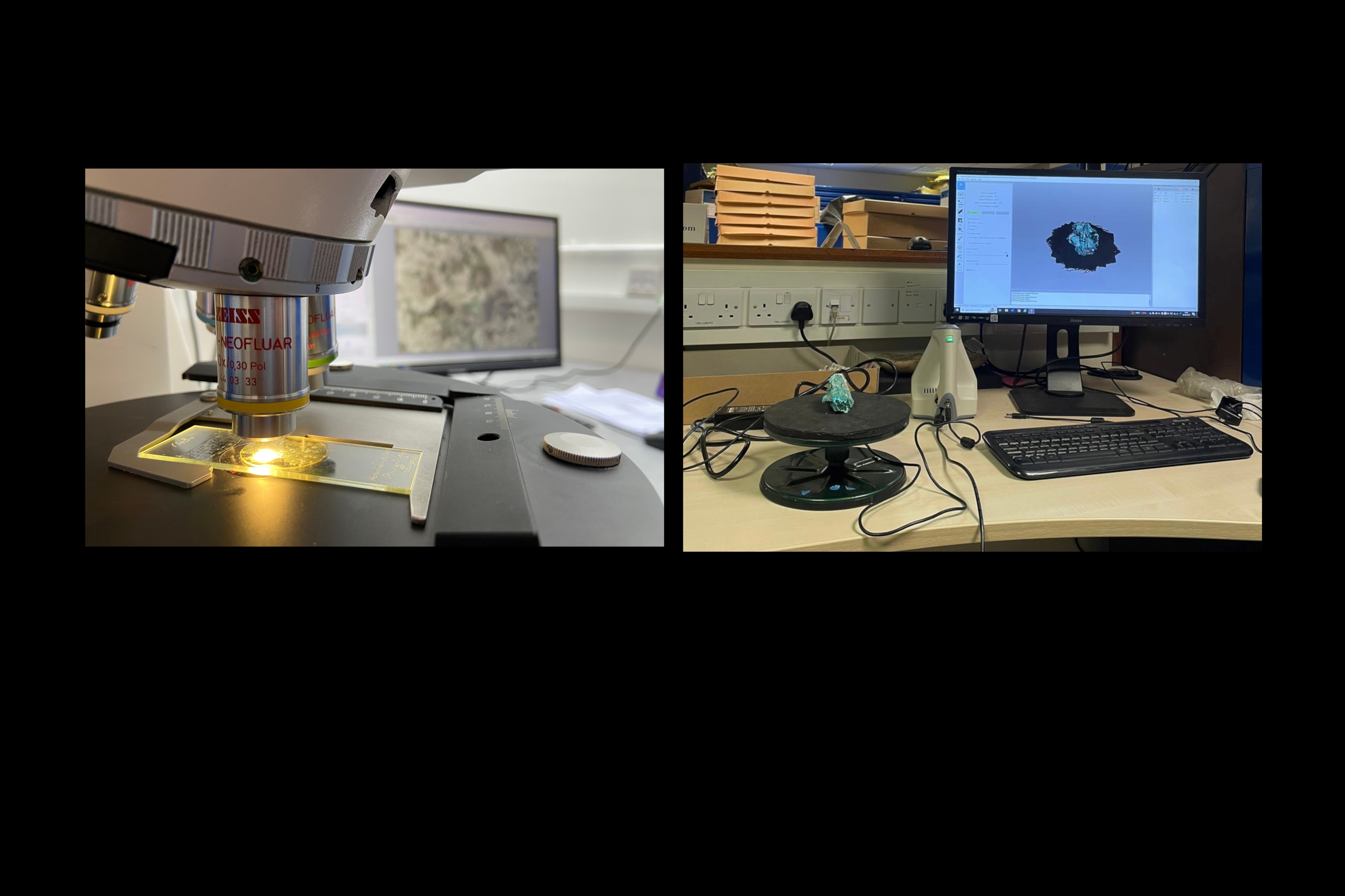A microscope holding a thin section and a 3D scanner and mineral.
