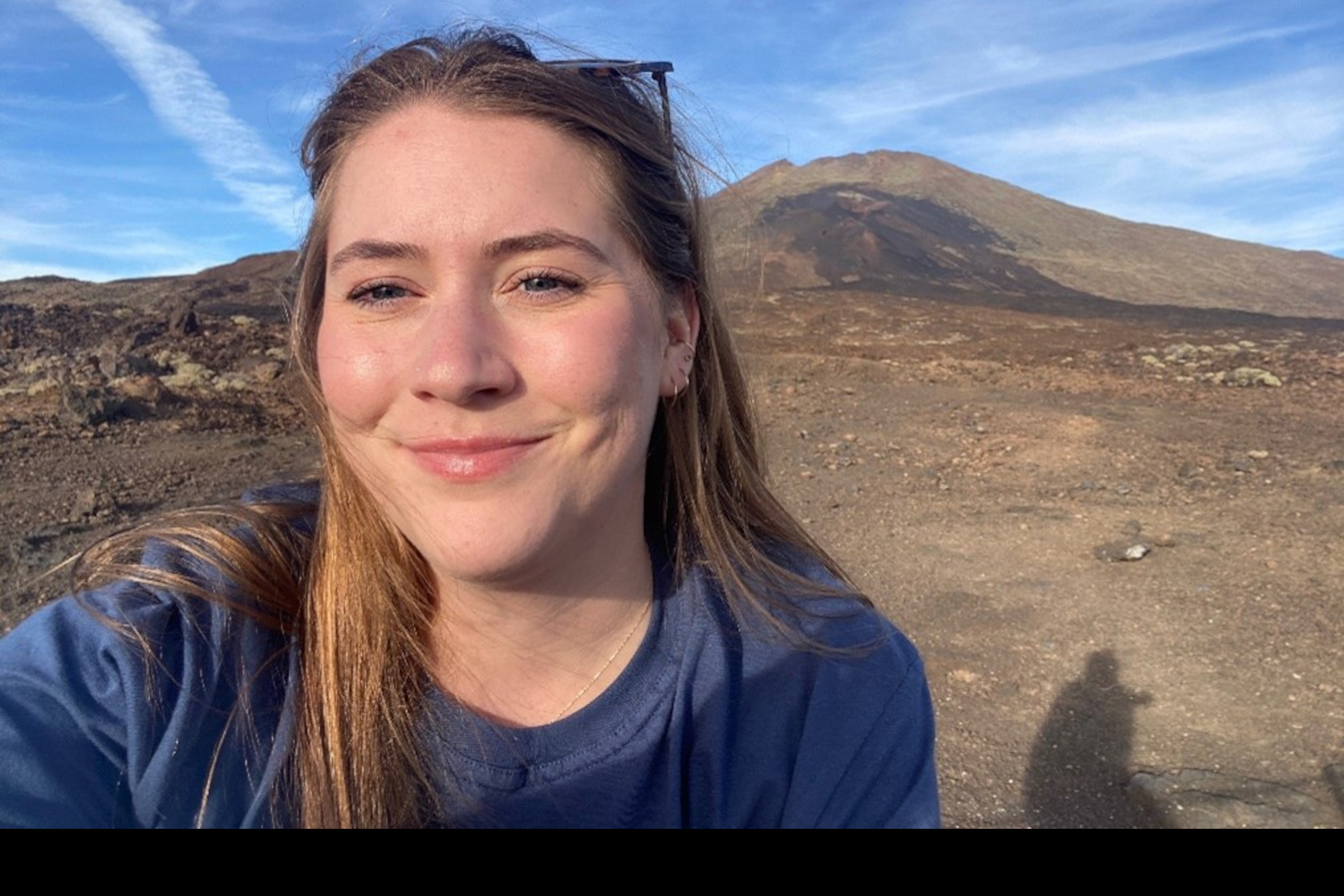 Kerys standing in front of Pico Viejo volcano in Tenerife.