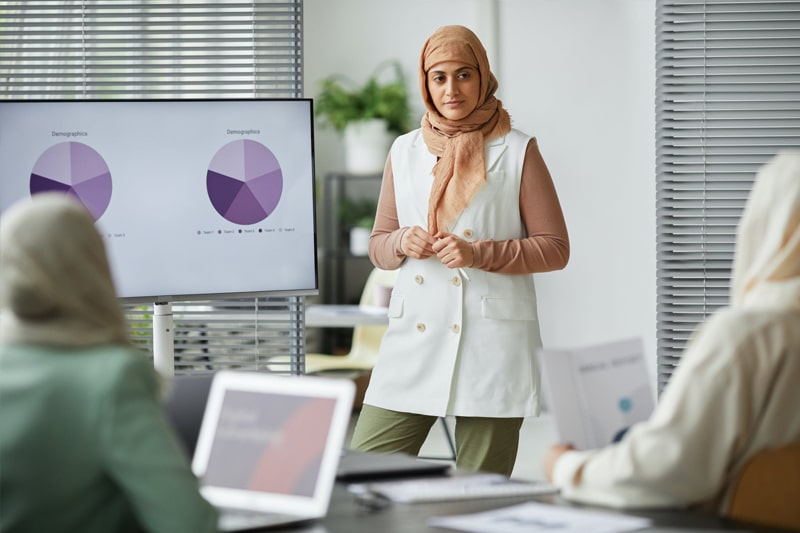 Muslim woman presenting to a roomful of Muslim women.