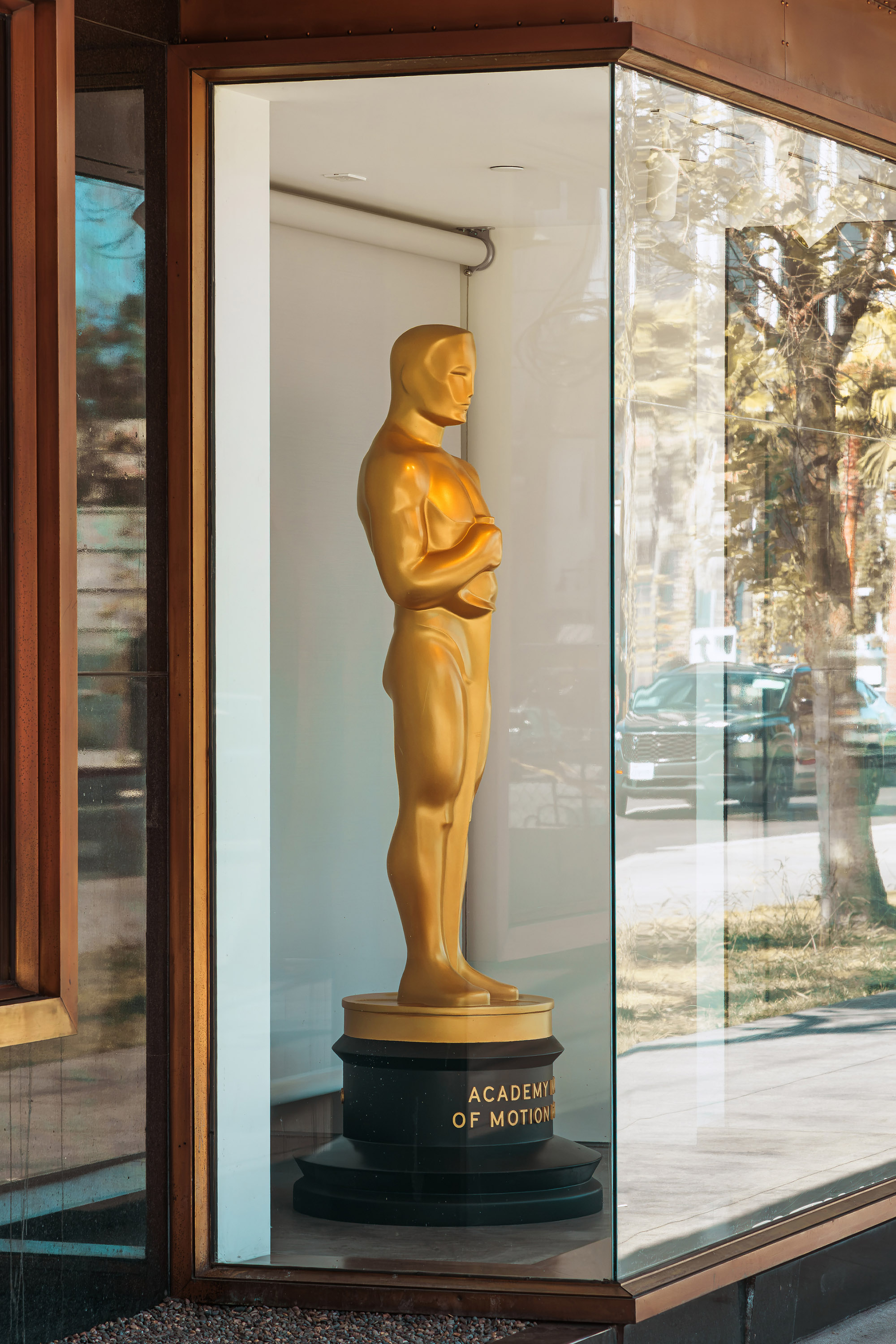 Life-size Oscar statuette displayed inside the Academy Museum of Motion Pictures in Los Angeles, California