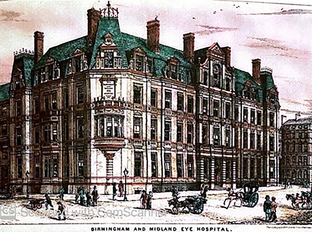The proposed frontage picture of the new Eye Hospital at Church Street in Birmingham, drawn in 1882.