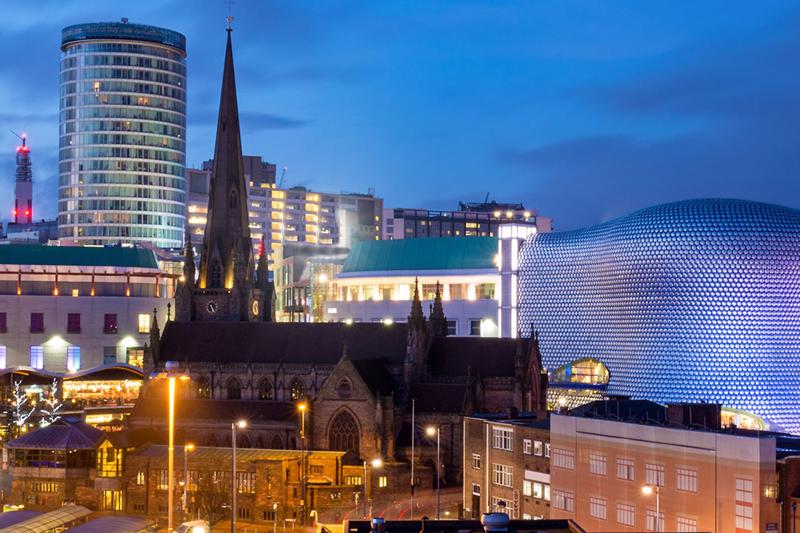 Birmingham skyline including multiple places of worship across different faiths