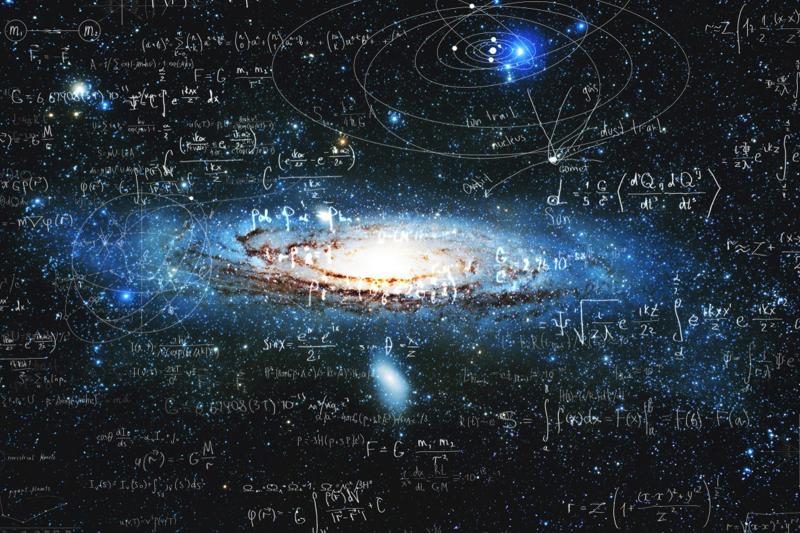 Physical formulas superimposed over a spiral galaxy in space