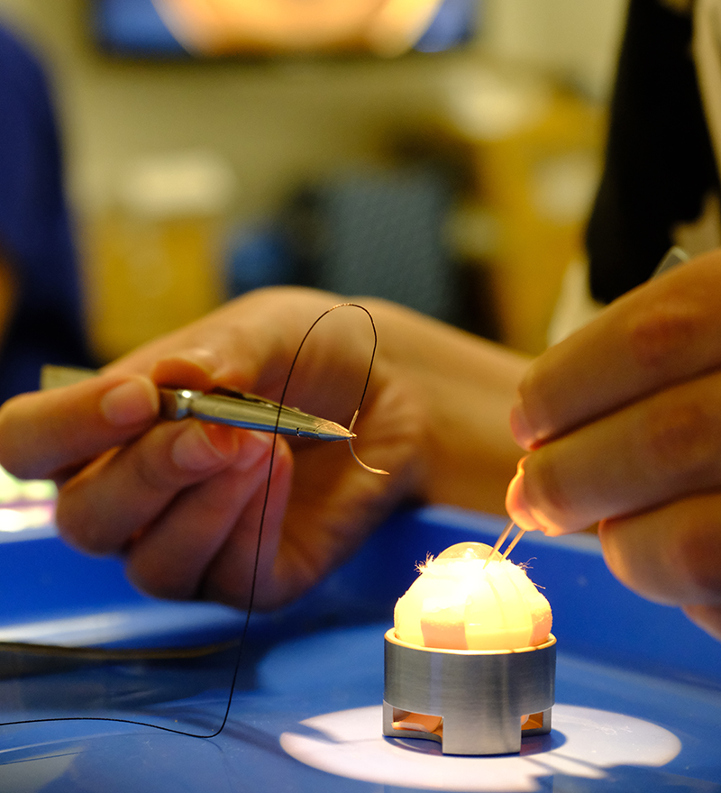 Close-up of a person's hands using a thread and medical implements on a simulated eye ball.