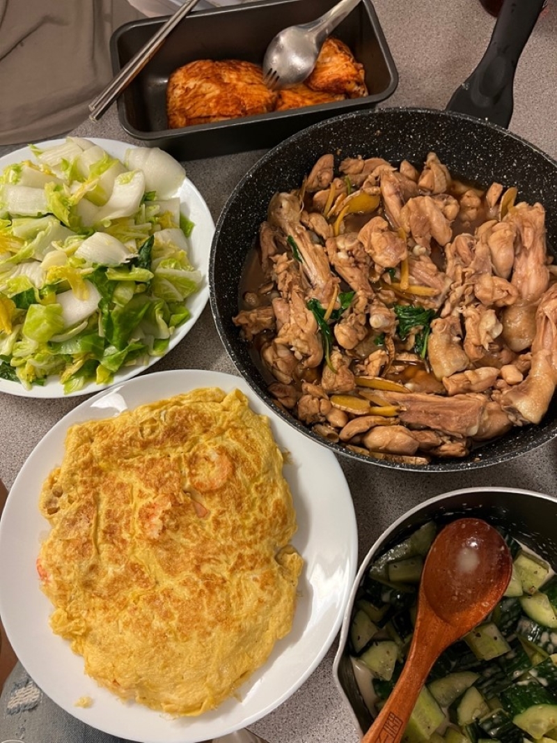 Student meals including chicken, salad and omelette 