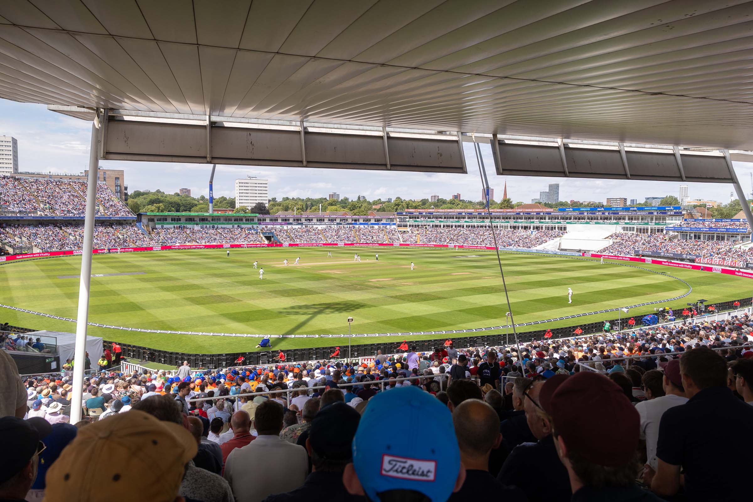 People watching a game of cricket at Edgbaston Cricket Ground