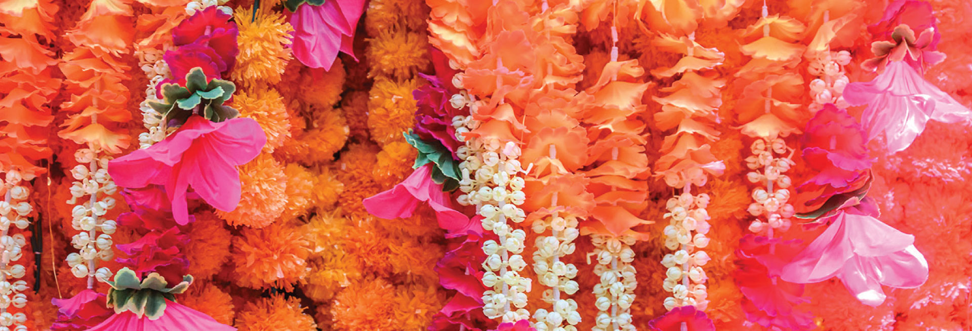 A colourful flowerwall featuring bright orange, pink, white and green flowers.