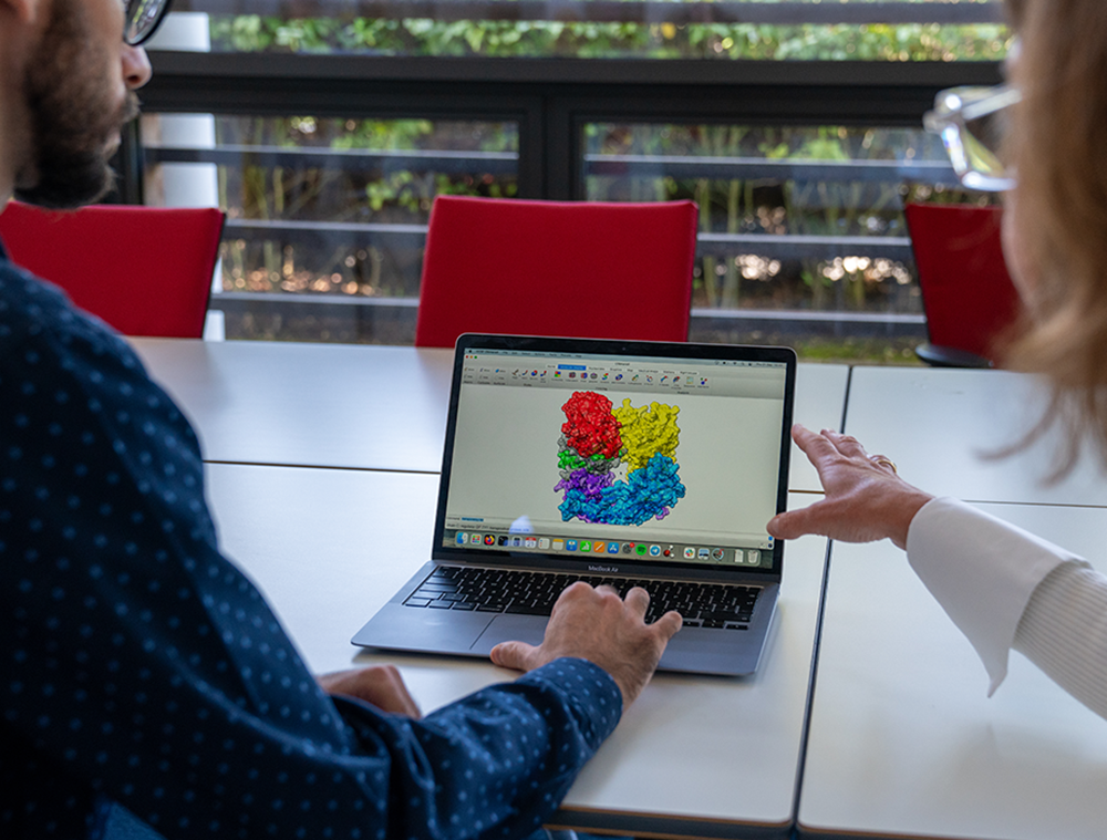 Two people sit at a table, looking at a laptop displaying a colourful 3D molecular structure.