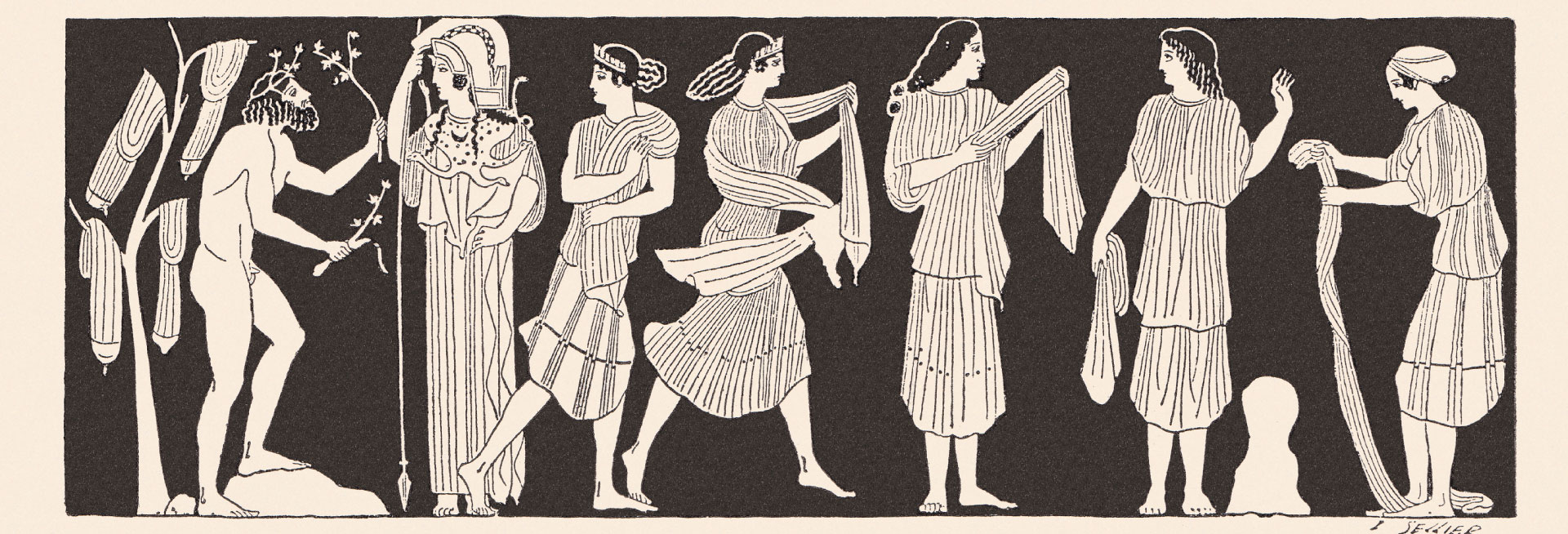 Vase painting. Odysseus meets Nausicaa and her companions washing clothes on the beach of the Phaeacian island of Scheria.
