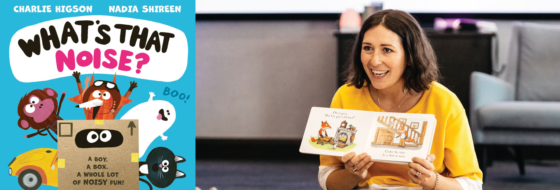 A person in a yellow top reading a children’s book, next to a colourful cover of the book “What’s That Noise?”